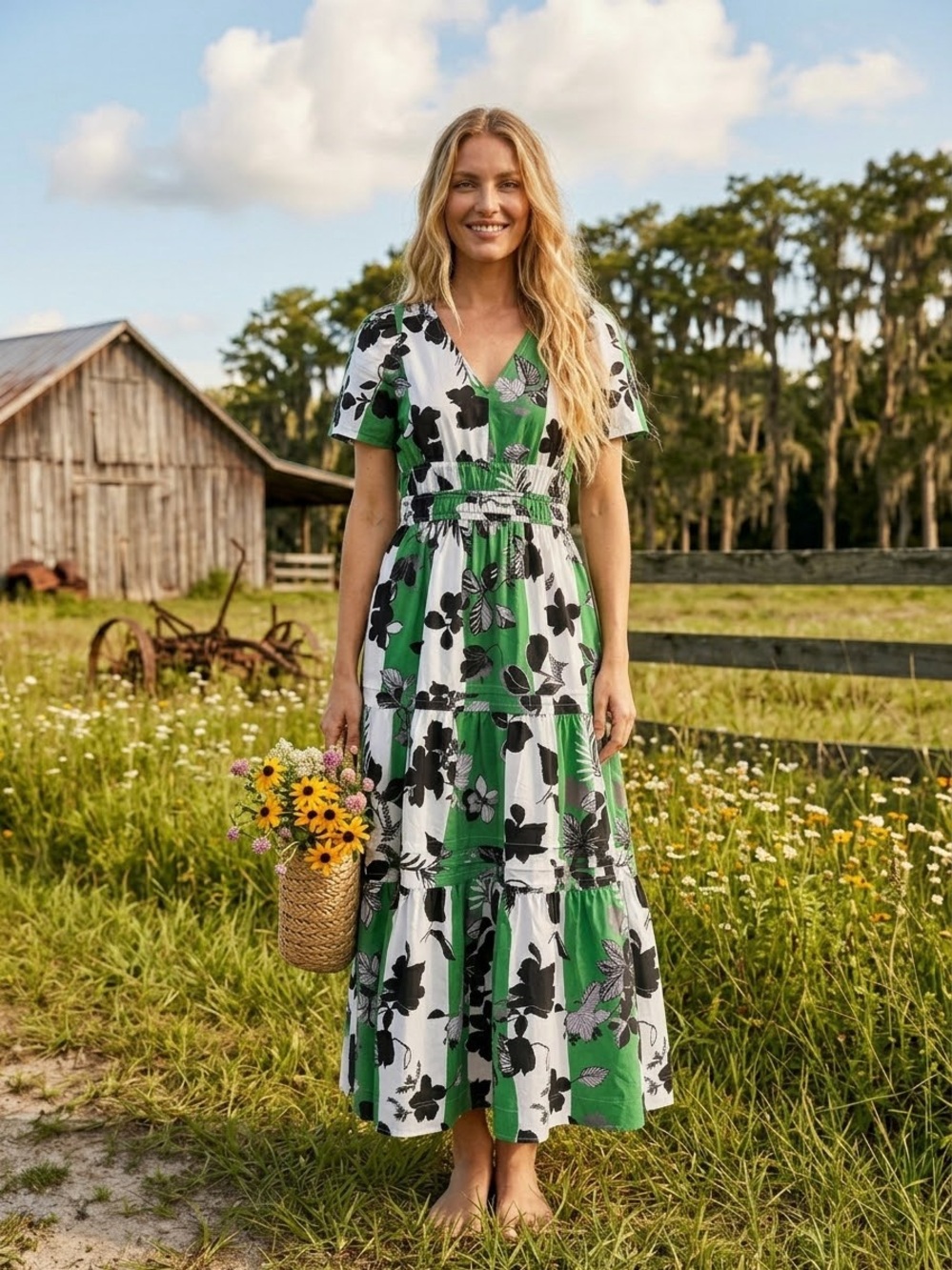 Anthropologie Green, White and Black Floral Tiered Maxi Dress